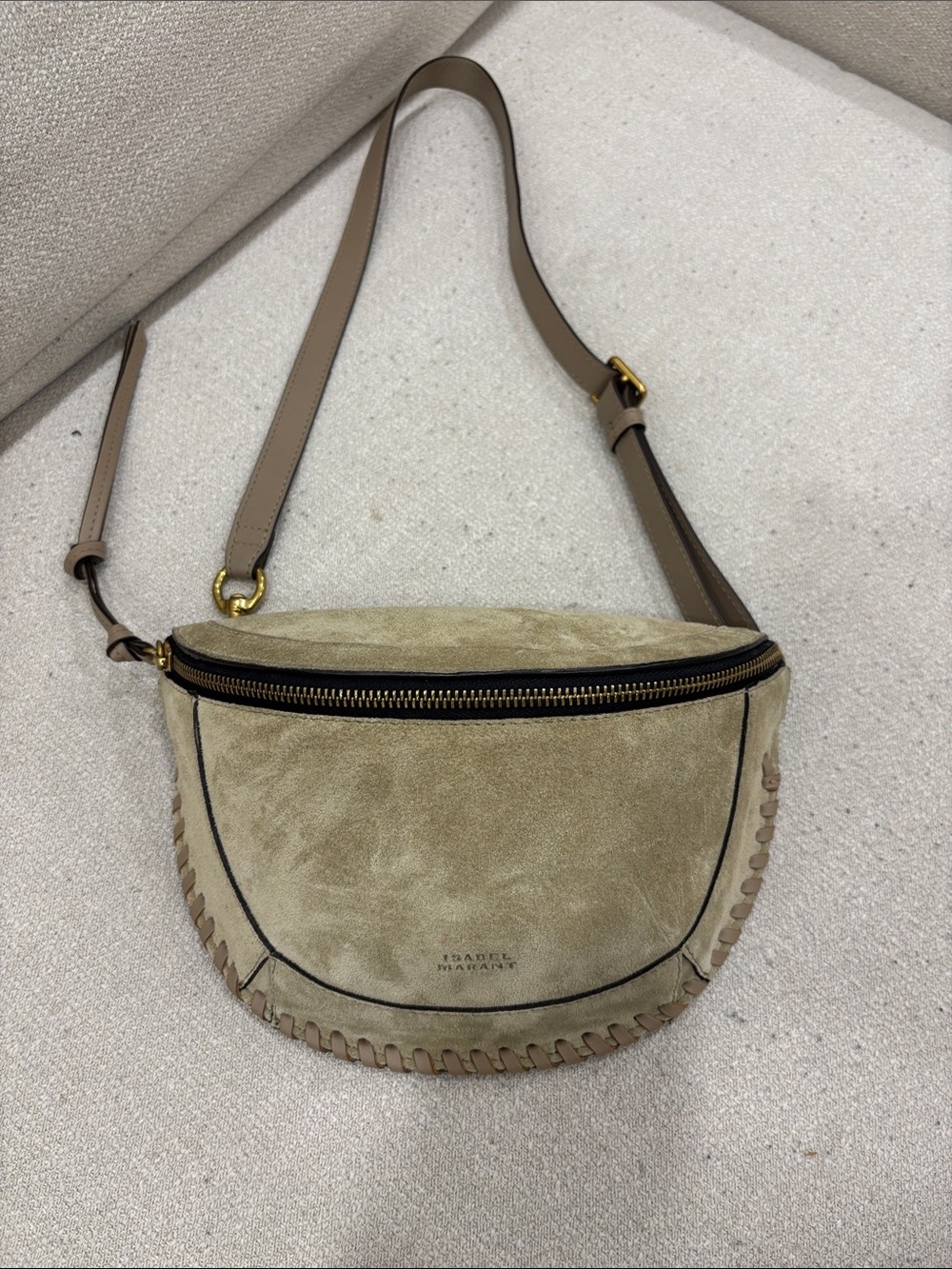 Isabel Marant Beige Suede Crossbody Belt Bag with Brown Strap
